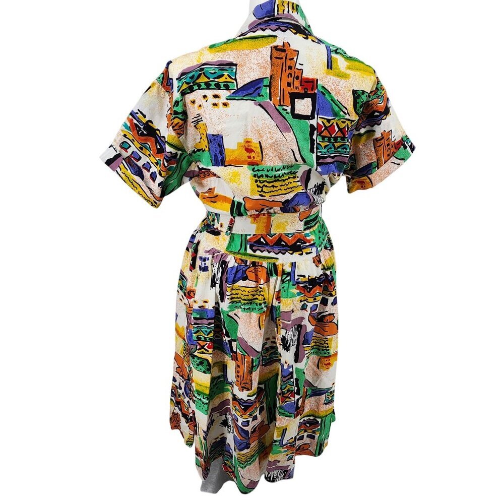 Vintage Together! Multicolor Abstract Print Belted Short-Sleeve Cotton Dress Wom - Picture 3 of 12